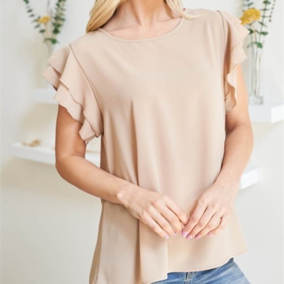 SOLID RUFFLED SLEEVE TOP- tan - Picture 5 of 8